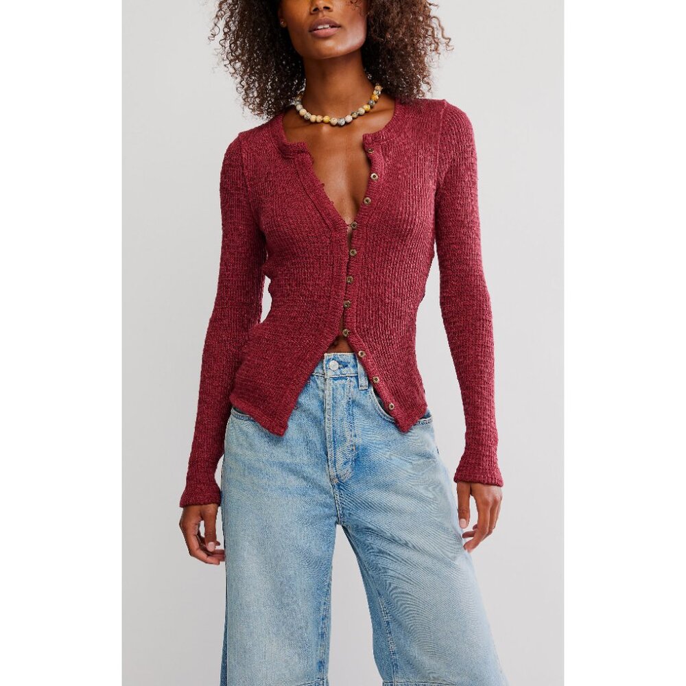 🍷 We The Free Cabernet Sheer Knit Button Front Top NWT L